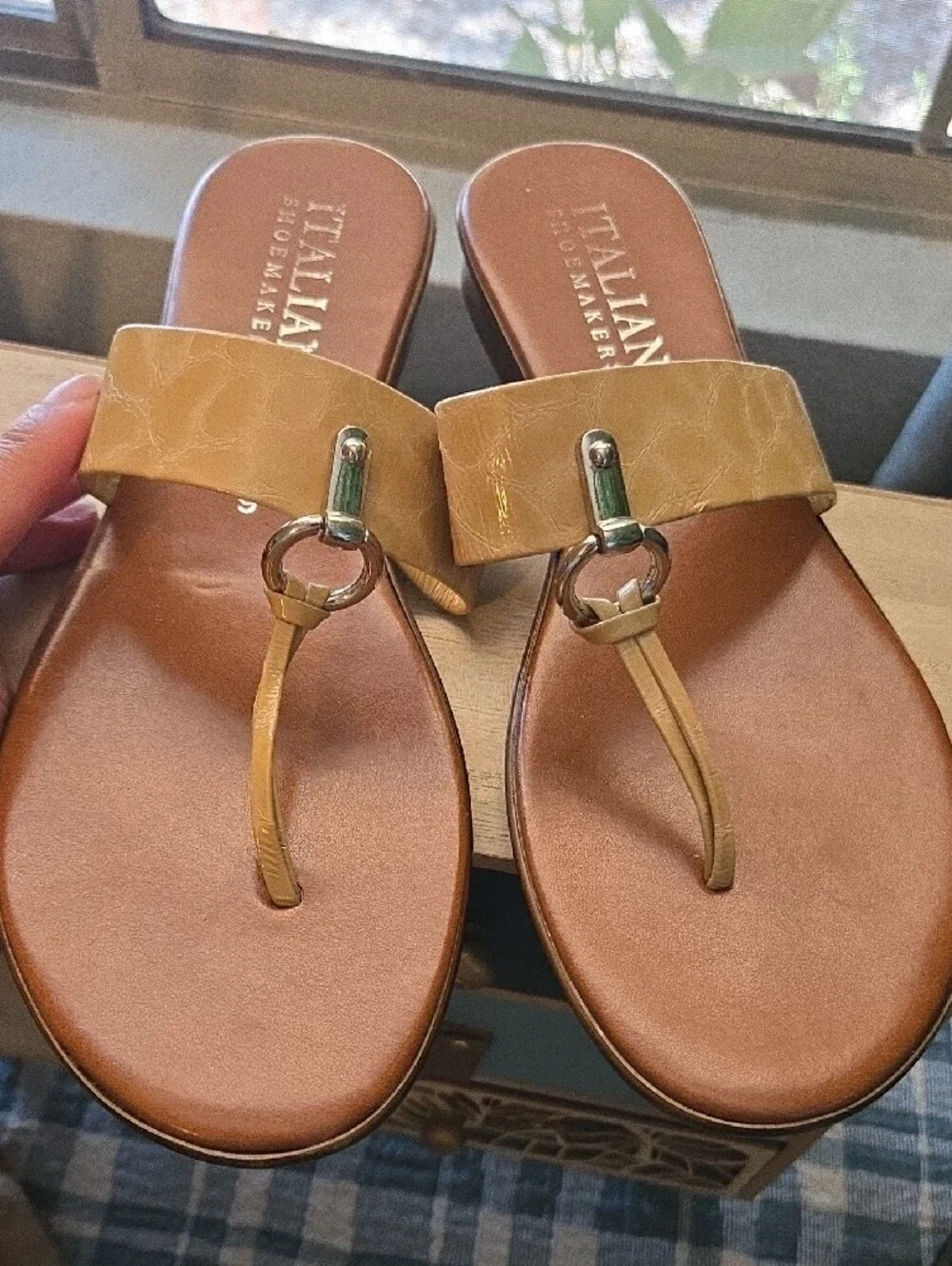 Italian Shoemakers Tan Leather Slide Sandal with Cream Tan Strap